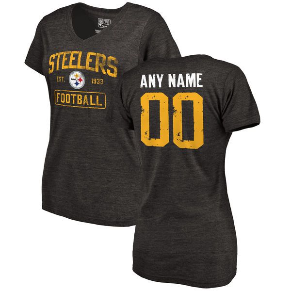 Women Black Pittsburgh Steelers Distressed Custom Name and Number Tri-Blend V-Neck NFL T-Shirt->nfl t-shirts->Sports Accessory